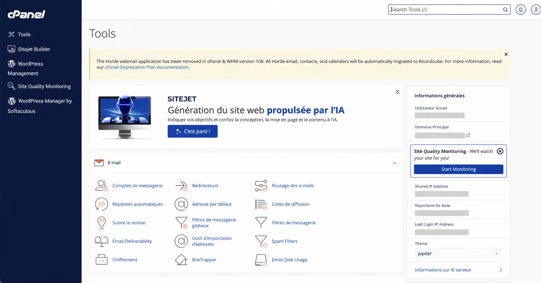 Outil Comptes de messagerie dans cPanel