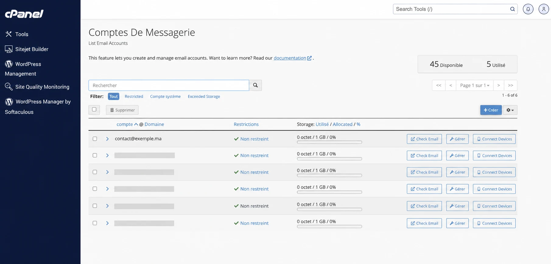 Bouton Créer dans la gestion des comptes de messagerie cPanel