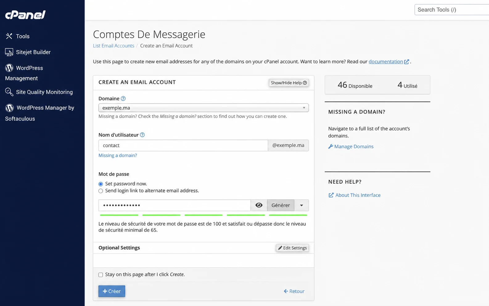 Formulaire de création d’une adresse email professionnelle dans cPanel