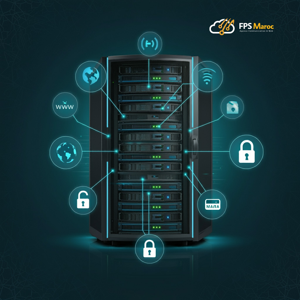 Hébergement web performant et sécurisé au Maroc avec FPS Maroc, illustré par des serveurs modernes, un design inspiré du Maroc, et des symboles de fiabilité comme les domaines .ma et des cadenas
